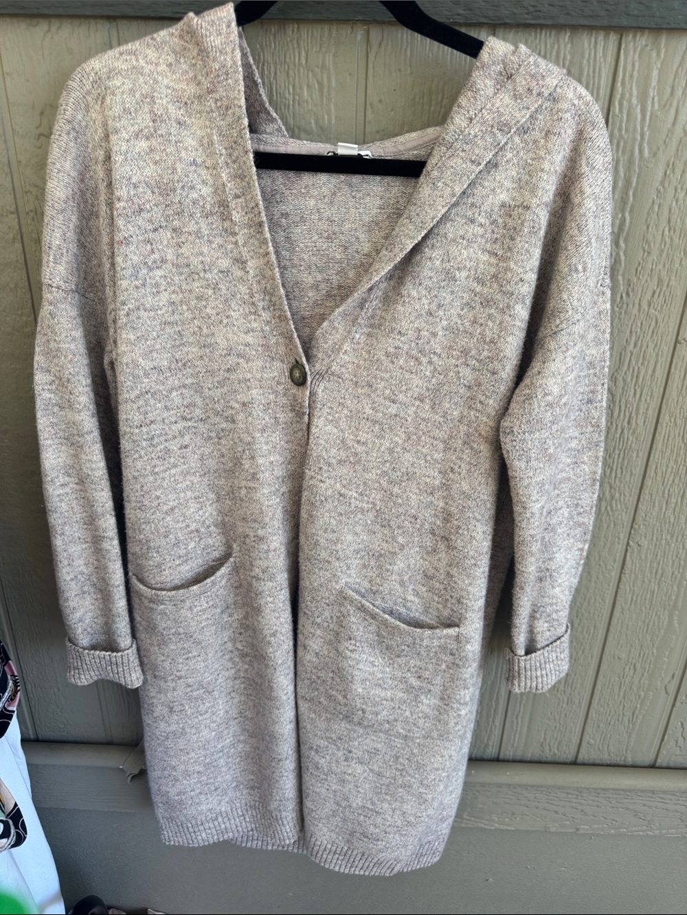 J Jill Cozy Long Hooded Cardigan Sweater in Light Taupe and pink